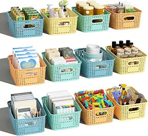 Plastic Storage Basket for Organizing 12 Pack Small Colored Storage Bins Container for Shelves, Colorful Shelf Baskets with Handles for Organization