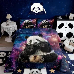 Castle Fairy 3D Panda Comforter Set Twin Size,Cute Panda Print Duvet Insert for Kid Teen Boys Girls Room Decor,Galaxy Starry Sky Quilted Duvet,Lovely Animal Theme Quilt Cover with 1 Pillowcase