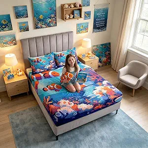 Homewish Cute Clownfish Kids Sheet Twin Size,Fish Coral Marine Life Bedding Set,Girls Boys Room Decor,Cartoon Clownfish Ocean Animals Blue Dreamy Bed Sheet Set 3pcs(Fitted + Flat + 1 Pillowcase)