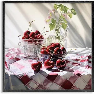 Cherries Botanicals Gingham, 17 x 17 Inch Framed Gicle Print