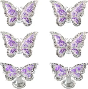 Butterfly Cabinet Knobs,6 Pieces Butterfly Knobs Single Hole Pulls Handles Decorative Door Cabinet Drawer Cupboard Furniture Door Wardrobe (Purple)