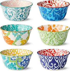 Pavillion Porcelain ALL PURPOSE BOWLS SET of 6, 4.75-inch vibrant patterned bowls with global tile motifs, ideal for snacks, fruit, sauces, prep bowls, sides, desserts, mix-and-match dining
