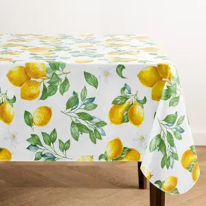 Elrene Home Fashions Vintage Lemon and Citrus Blooms Water- and Stain-Resistant Vinyl Tablecloth with Flannel Backing, 52 Inches X 52 Inches, Square