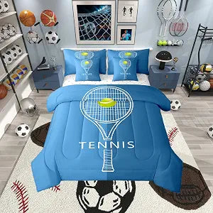 Modern Tennis Queen Comforter Set with Sheets Bed in a Bag 7 Pcs,Boys Ball Game Tennnis Lover Bed Set,Cartoon Racket and Ball Bedding Sets with Comforter,Flat,Fitted Sheet,Pillowcases,Pillow Covers