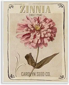 'Sweet Pink Zinnia Florals Vintage Seed Packet'| Framed Giclee Art