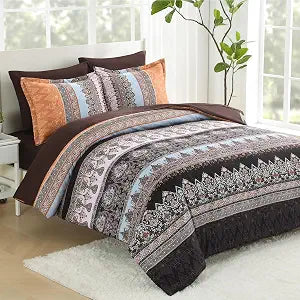 Brown Boho Comforter Set for King Size Bed, 7 Pieces Bed in a Bag, Bohemian Striped Reversible Bedding Set with Sheets, Soft Microfiber Brown Orange Teal Floral Comforter, All Season(Brown, King)