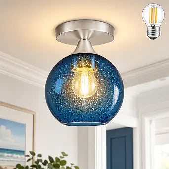 6" Modern Semi Flush Mount Ceiling Light Blue Globe Ceiling Lights Mid-Century Modern Ceiling Light Fixtures Blue Glass Light Fixture for Hallway Foyer Entryway Laundry Bulb Included
