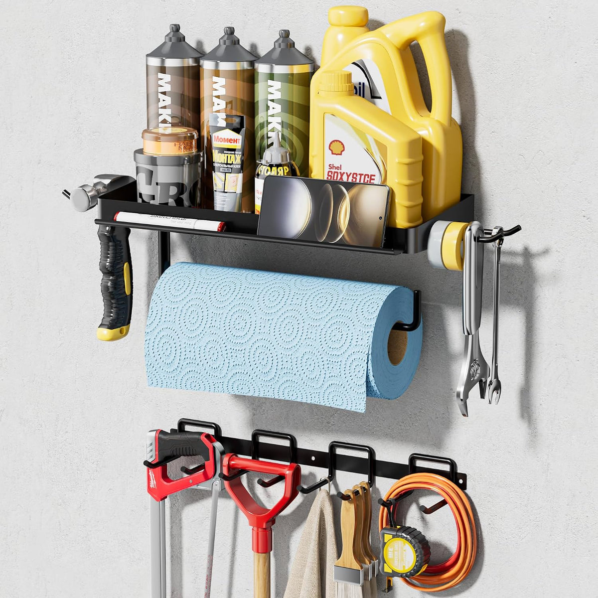 SUNTECH Garage Paper Towel Holder with Tool Hanger Wall Mount, Black