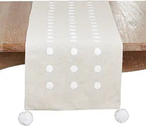 SARO LIFESTYLE Textured Dot & Pom Detail Linen Blend Table Runner  Non-Reversible Lined Runner for Dining Tables & Consoles, 16"x70"