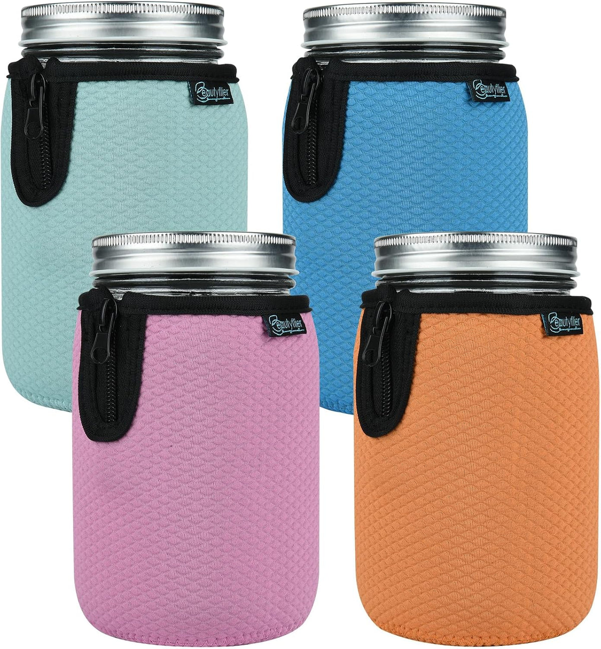 Beautyflier Wide Mouth Mason Jars 32oz Insulators, Regular Mouth 32-Ounces Mason Jar Insulated Cozy Neoprene Canning Cover, Quart Mason Jars Wide Mouth Sleeve Cover (32oz,4Color)