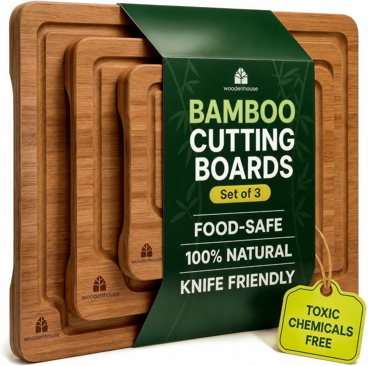 Wooden Cutting Board Set of 3 - Bamboo Wood Cutting Boards for Kitchen