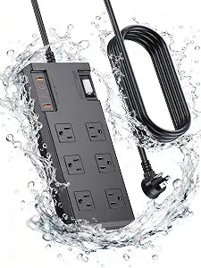 EIGSO Outdoor Power Strip Weatherproof 10FT, Waterproof Surge Protector with 6 Outlets 4 USB Ports, Flat Plug Extension Cord for Home Office Patio Porch