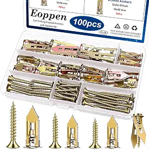 100Pcs Self Drilling Drywall Anchors with Screws Kit, 2 Sizes Sheetrock Anchors & 3 Sizes Expansion Screws, Zinc Plated Steel Drywall Anchors No Drilling Required Holds Up to 66lbs