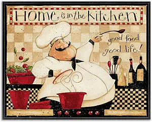 Stupell Industries Home is The Kitchen Phrase Charming Vintage Chef, Design by Dan DiPaolo Black Framed Wall Art, 11 x 14, Tan