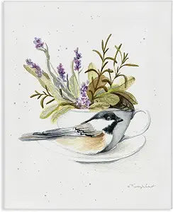 Bird Floral Teacup Botanical, 16 x 20 Inch Canvas Wall Art