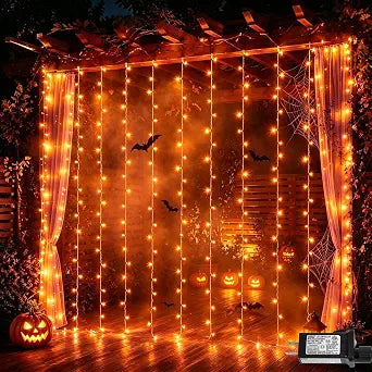 YEGUO 300 LED Orange Halloween Lights, Curtain Lights Plug in, 8 Modes Hanging String Lights for Bedroom Wall Window Backdrop Indoor Outdoor Party Xmas Fall Thanksgiving Decorations-9.8x9.8ft