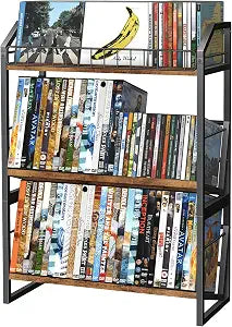 ELITEROO 3-Tier CD Storage Rack, Wood DVD Holder with 2-in-1 Assembly Design, Tilting CD Organizer Tower Holds Up to 112 CDs or 78 DVDs, Table Top DVD Display Stand for Music Enthusiasts, Rustic Brown