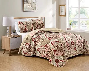 Luxury Home Collection 2 Piece Twin/Twin XL Quilted Reversible Coverlet Bedspread Set Floral Printed Taupe Red