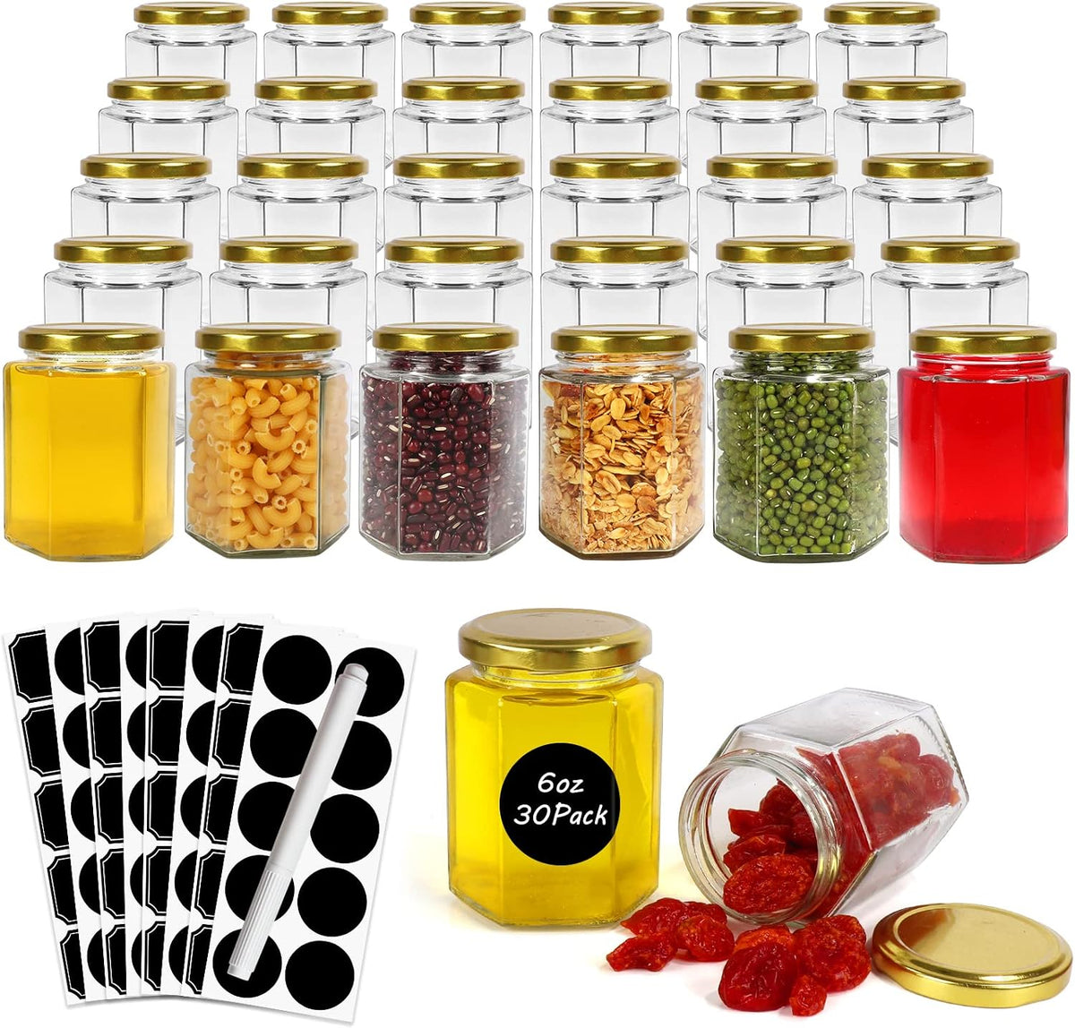 Betrome 30 Pack 6oz Hexagon Clear Glass Canning Jars with Gold Lids