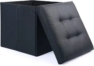 LotFancy Storage Ottoman, Foldable Foot Rest Stool, 13x12x12 Inches Small Leather Bench with Storage, Holds up to 260 lb, for Living Room, Bedroom, Dorm, Black