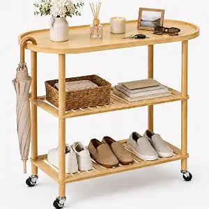 3-Tier Rolling Entryway Table, Bamboo Console Table with Anti-Fall Edge & Wheels, Oval Narrow Hallway Table for Entryway, Living Room, 30.6 Slim Sofa Side Table, Shoe Rack Shelf or Plant Stand