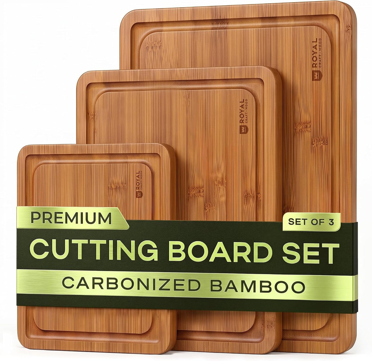 ROYAL CRAFT WOOD Wooden Cutting Boards for Kitchen Meal Prep & Serving - Bamboo Non Toxic Cutting Board Set with Deep Juice Groove Side Handles - Charcuterie & Chopping Butcher Block for Meat (3 Pcs)