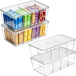 Vtopmart 4 Pack Pantry Organizer Bins with Lids, Removable Dividers