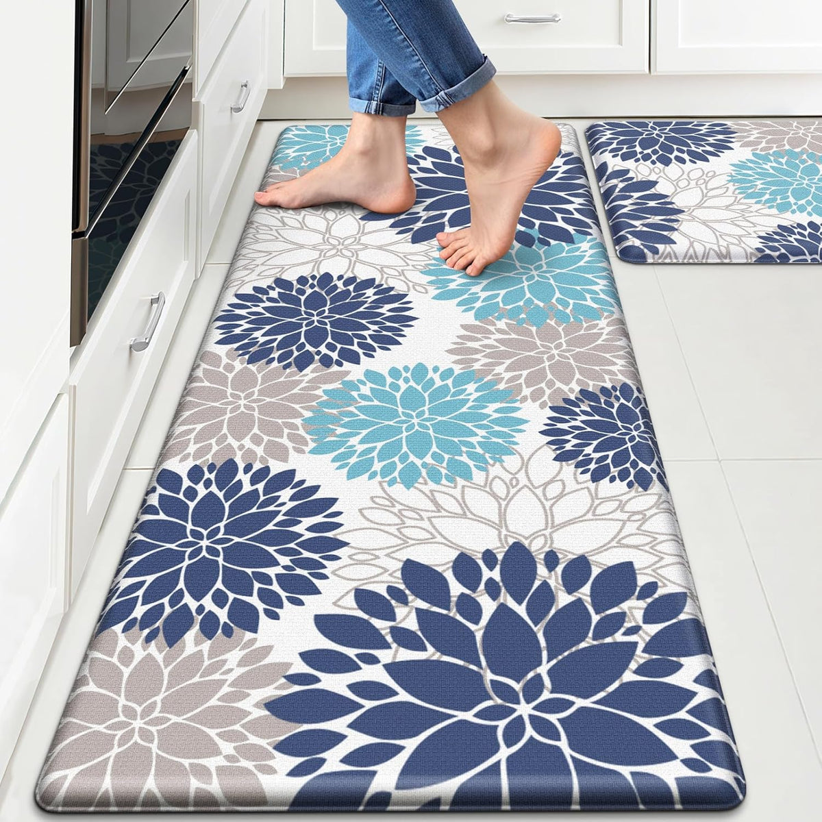 StepLively Cushioned Kitchen Floor Mats 2-Piece, White and Blue Floral