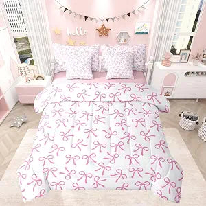 Feelyou Pink Bow Comforter Set Twin Size Girls Kids Boys Kawaii Cute Dreamy