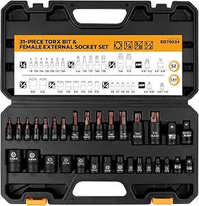 31-Piece Torx Bit Socket Set: Premium CR-V & S2 Alloy Steel, Star T8-T70 & E-Torx E4-E24, High Torque Laser Marked for Automotive Mechanic