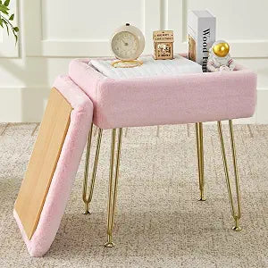 BRIAN & DANY Vanity Stool, Faux Fur Vanity Stool Chair with Storage, Rectangle Makeup Chair Soft Padded Seat with Legs for Bedroom (Pink)