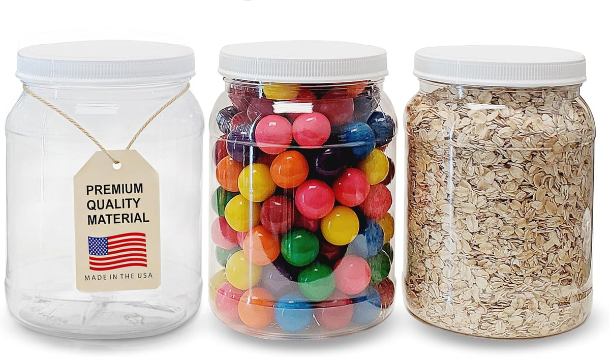 ljdeals 1/2 Gallon 64 oz Clear Plastic Jars with Lids, Large Jars, Wide Mouth Storage Containers, Pack of 3, BPA Free, Food Safe, made in USA