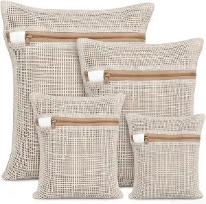 100% Cotton Mesh Laundry Bags, Rust-Proof Zipper Wash Bags for Delicates, Natural Undyed Bags for Lingerie, Sweaters and Baby Clothes, Set of 4 (Natural Cotton, 4 Pack - XXL  XL  L  M)