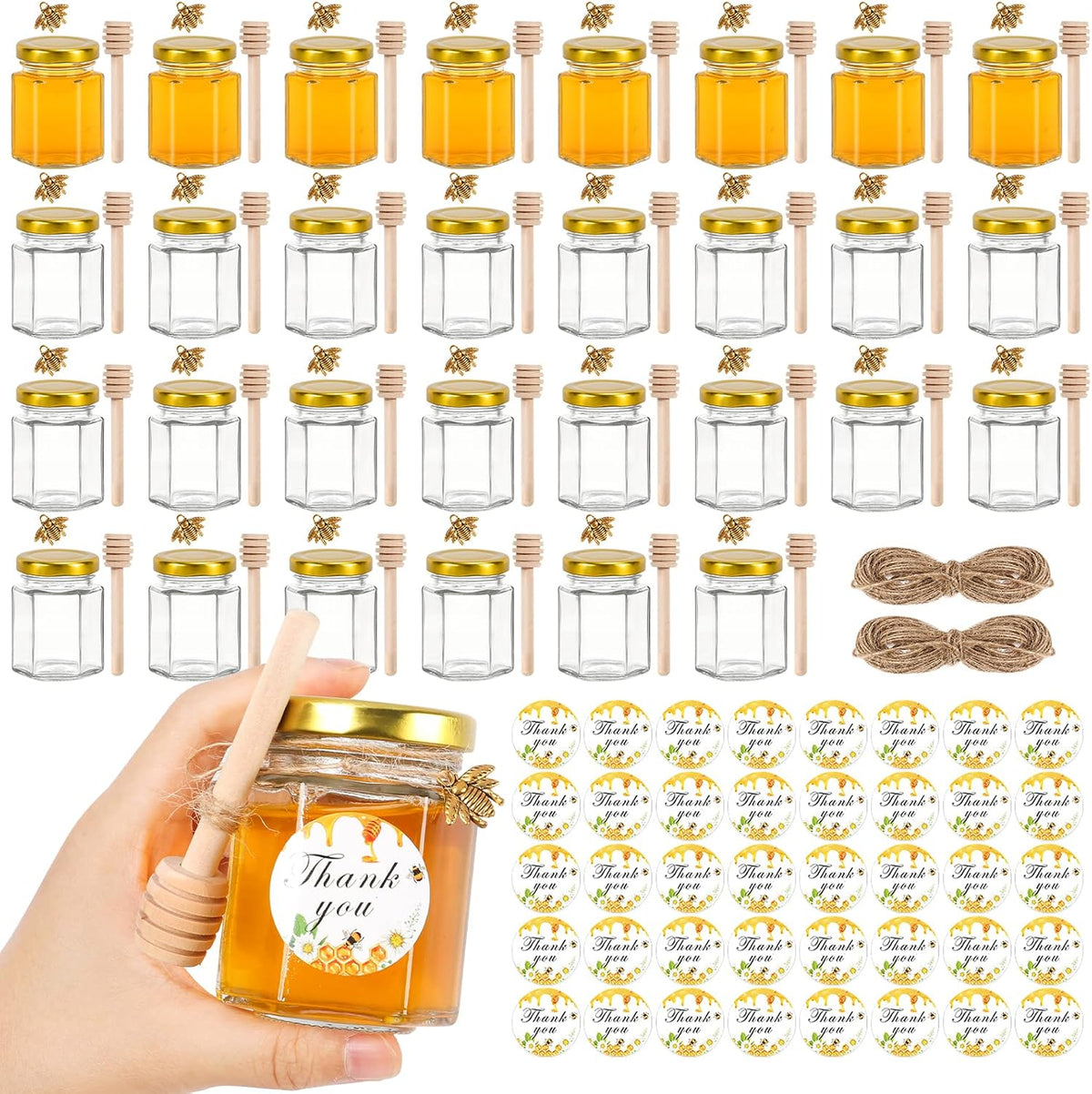 AuroTrends 3 oz Mini Glass Honey Jars 30-Pack with Wooden Dippers
