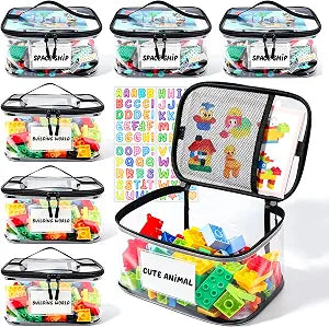 Tesuko 6 Pack Clear Toy Storage Bag with Name Tag& Manual Pocket, Waterproof Transparent PVC Toy Organizer Case for Lego Bricks, Board Games, Building Blocks, Puzzles (Large Capacity, Black)