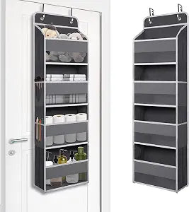 TYMENSH Gray Over Door Organizer with 4 Large Clear Pockets, Neutral Hanging Door Storage for Closet, Bathroom, Bedroom, Dorm, Nursery, Toys, Toiletries, Baby Essentials