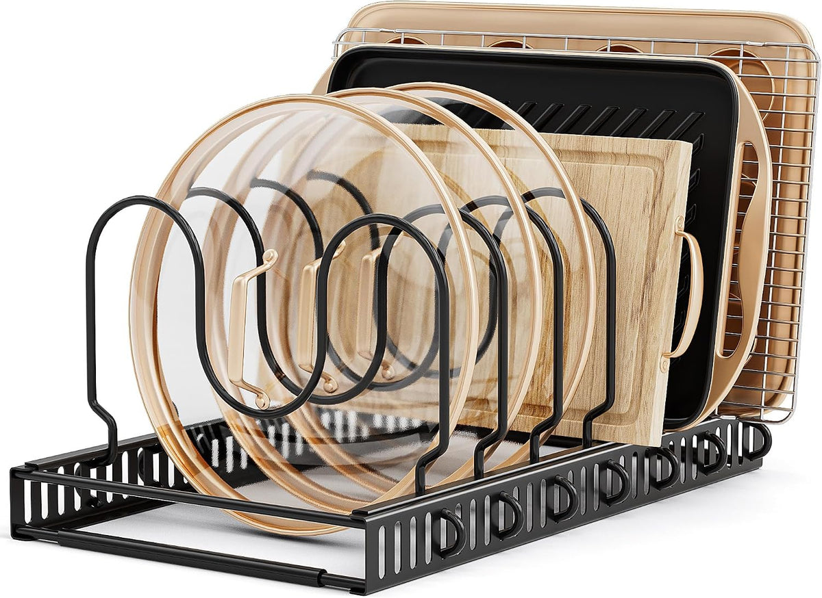 MUDEELA Pot Lid Organizer for Cabinet, Adjustable Baking Pan Rack 7 Slots