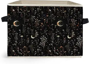 Dark Witchy Moon Floral Storage Box Bins, Mystical Gothic Wildflower Botanical Collapsible Storage Basket Organizer for Bedroom Laundry Room Home Clothes Books, Decor for Room