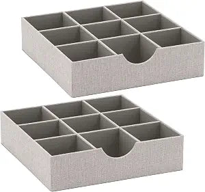Household Essentials Drawer Organizer Tray with Fabric Cover and 9 Square Compartments, Gray, Set of 2