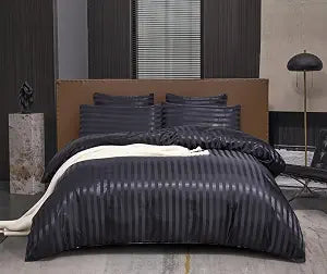 Duvet Cover Full Size Black 5 Pieces Satin Luxury Coquette Silk Like Striped Bedding Set with Zipper Closure 1 Duvet Cover 4 Pillow Cases