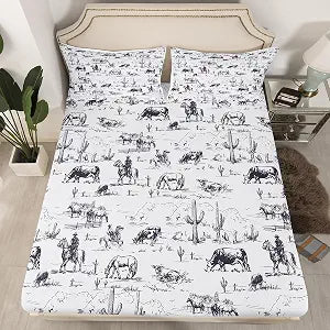 Western Bed Sheet Set - Twin Size, White and Black Cowboy Fitted Sheet, Desert Cactus Bed Cover, Kids Room Decor, Lightweight (No Flat Sheet)