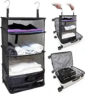 Grand Fusion Stow-N-Go Hanging Travel Shelves, Packing Organizer for Luggage. Carry on Closet for Suitcase. Expandable Packing Cube. Travel Essentials. (Black - L, L = (L) 11.8" x (W) 11.8")