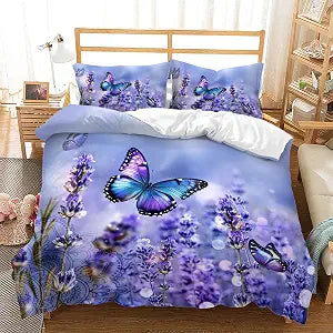 AILONEN Butterfly Duvet Cover Set King Size, 3D Purple Butterfly Bedding Set for Girls Women,Bohemian Mandala Pattern Comforter Cover,Purple Flowers Duvet Cover,1 Quilt Cover 2 Pillowcases,3 PCS