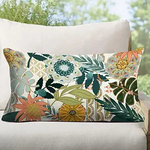 Floral Outdoor Lumbar Pillow Covers 12x20 Inch Set of 2 Waterproof Decorative Boho Blooming Flower Tropical Leaves Pattern Patio Throw Pillow Covers for Porch Furniture