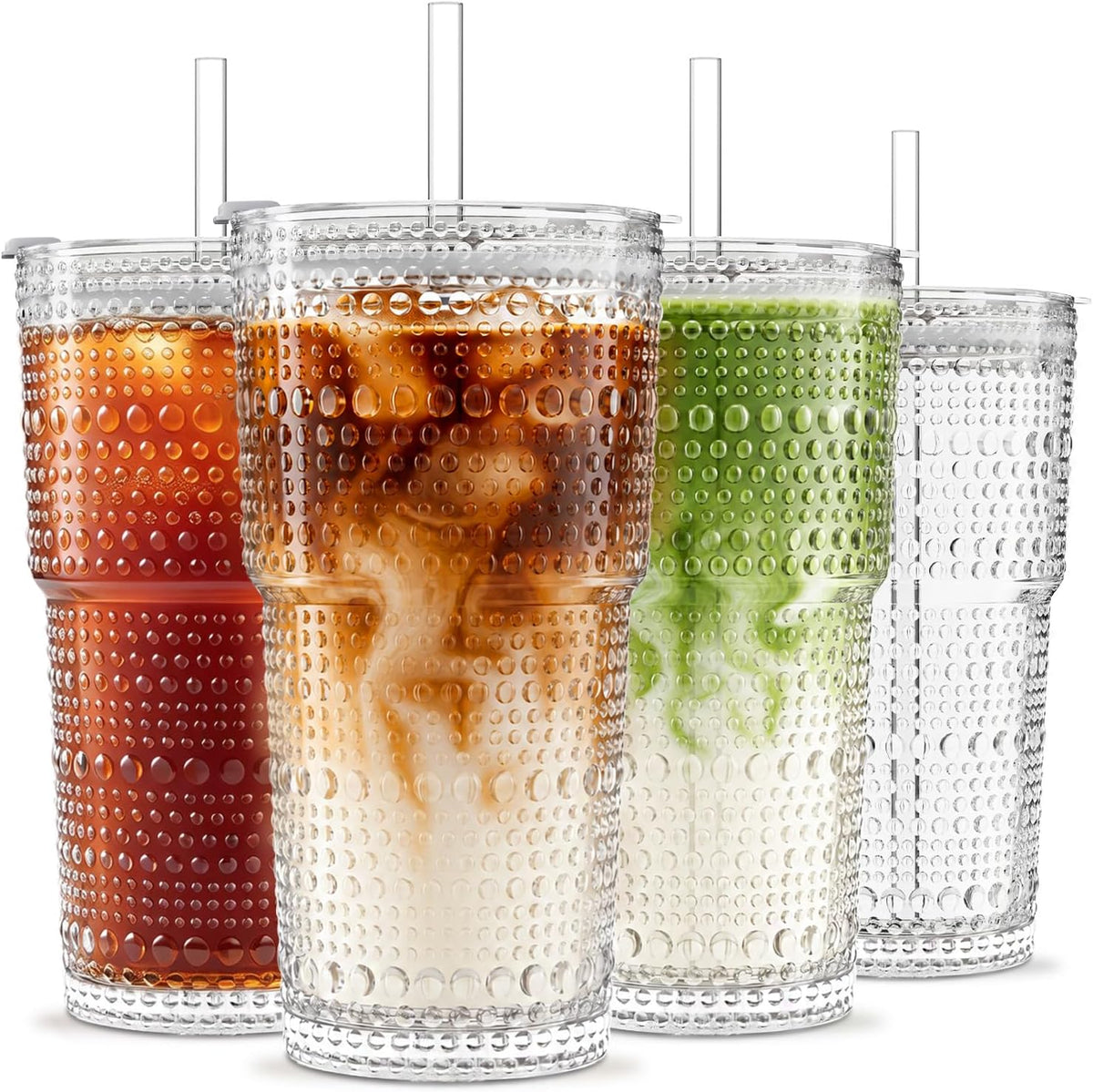 INSETLAN 20 oz Hobnail Glass Cups with Lids and Glass Straws - 4 Pieces, Thick-Walled Glass Tumblers for Iced Coffee, Smoothies, Milk, Water, Juice, and More - Elegant and Durable Drinking Glasses