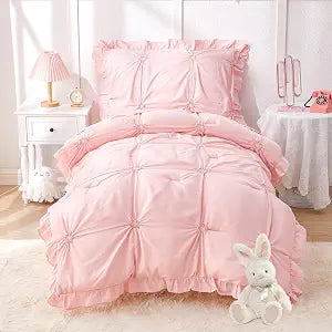 Princess Toddler Bedding Set for Girls, 4 Piece Ruffles Jacquard Embroidery Toddler Bed Sheets with Boho Toddler Comforter, Fitted Sheet, Flat Sheet and Pillowcase, Pink