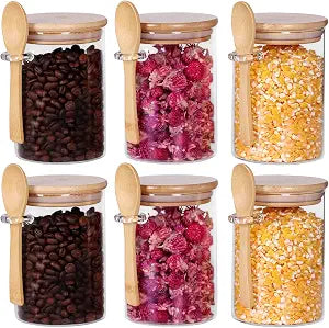 Glass Jars with Bamboo Lids and Spoon Set of 6, 17 OZ Coffee Sugar Container Set with Scoop, Overnight Oatmeal Jars Containers with Lids and Spoon for Loose Tea, Yogurt