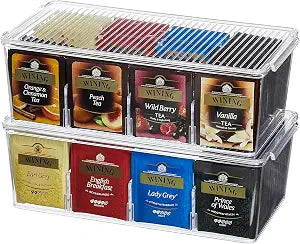 Lifewit 2 Pack 16 Compartment Tea Organizer, Stackable for Cabinet, Clear