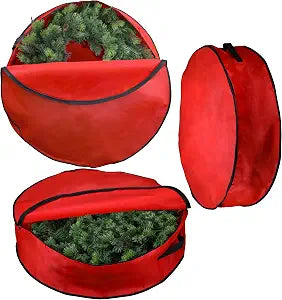 Iconikal 3-Pack Wreath Storage Bag with Handle 30-Inch Diameter Red Zippered Christmas Holiday Garland Organizer Tear-Resistant Protective Bulk Pack
