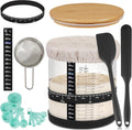 Large Sourdough Starter Jar 66 oz,Sourdough Starter Kit Wide Mouth with Ounce&ML Scale Line,Date Marked Feeding Band, Thermometer, Sourdough Jar Scraper, Cloth Cover & Bamboo Wood Lid (BLACK-66OZ/2L)